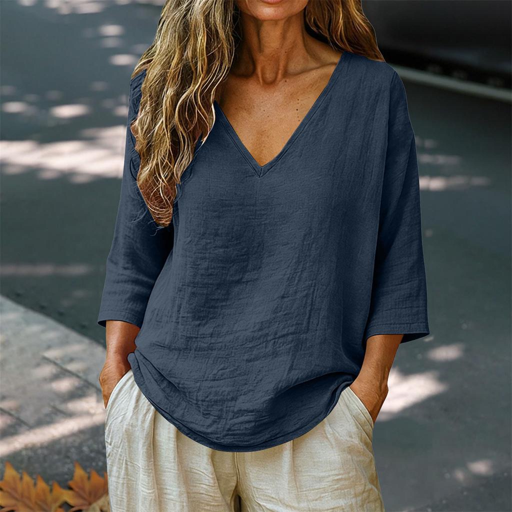 Women Loose Fit V Neck Cotton Linen Top Three Quarter Sleeve Casual Solid Blouse Lightweight Breathable Shirt for Daily Wear