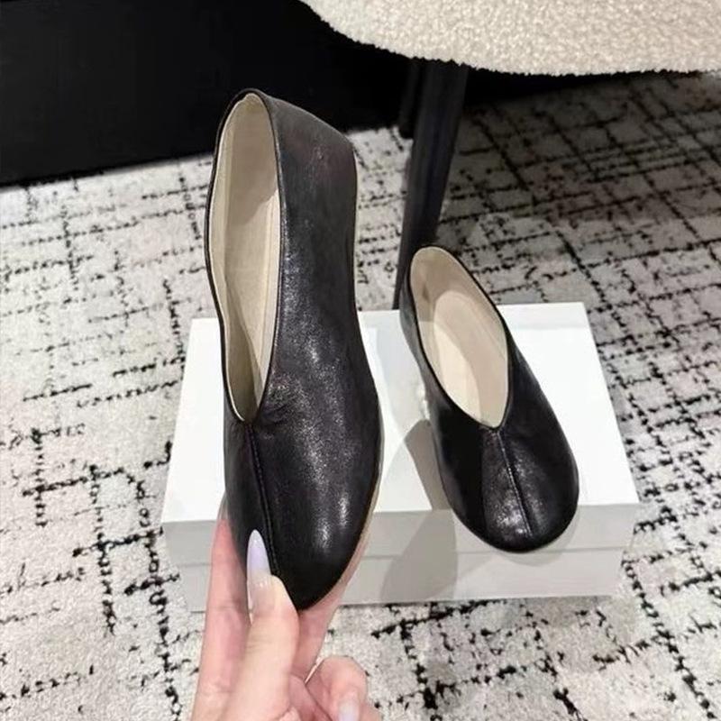 Cowhide version~ niche new simple round head soft leather grandma shoes French versatile one-pedal comfortable flat-soled single shoes