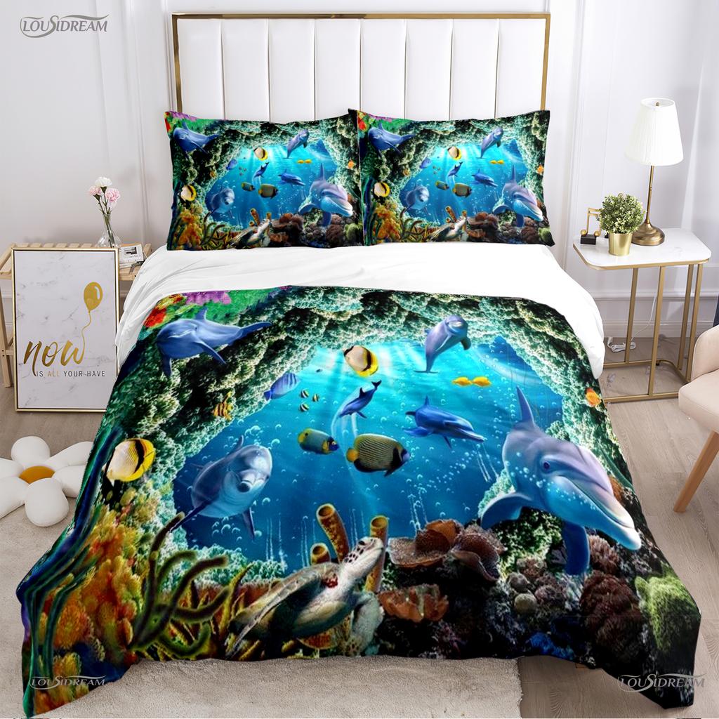 Comforter 3D Ocean World Dolphin Whale Fish Comforter Beding Set Soft And For Single/Double/Queen/King