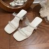 2025 new summer slippers outer wear fairy square head double row one-word diamond belt transparent thick heel sandals women's high heels