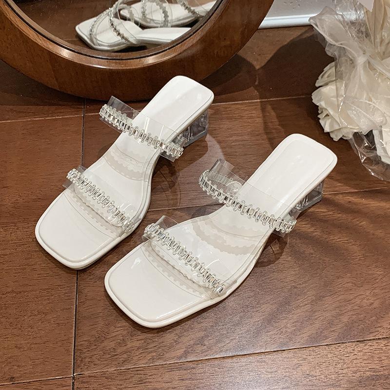 2025 new summer slippers outer wear fairy square head double row one-word diamond belt transparent thick heel sandals women's high heels