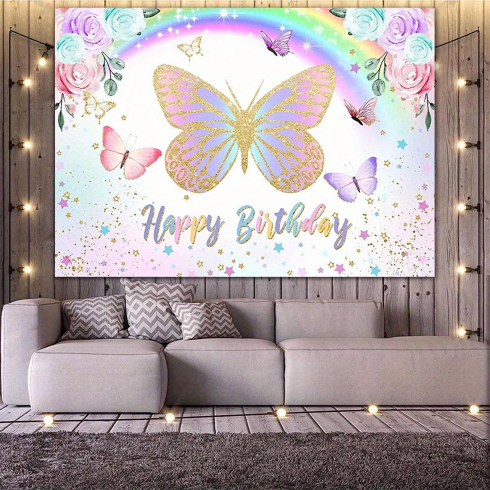 Photography Background: Rainbow Butterfly Birthday Background  Purple and Pink Flower Butterfly Birthday Background  Polyester