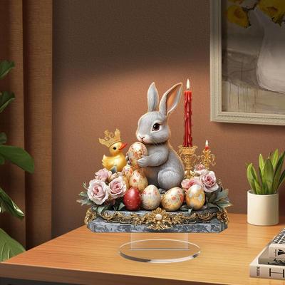 Osterei-förmiges Häuschen Kaninchen Acryl-Ornament 2D Flach Niedliches Kaninchen Schreibtisch-Ornament Ostergeschenk