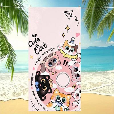 Kawaii Cartoon Cat Beach Towel Soft Absorbent Microfiber Bath Towel Pink Aesthetic for Girls Travel Camping