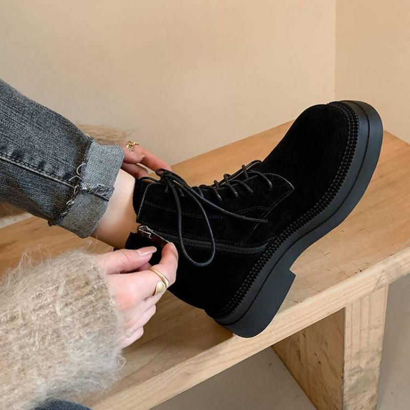 Autumn and winter leather medium boots women's side zipper large size women's boots medium heel round head versatile thick-soled cowhide medium 