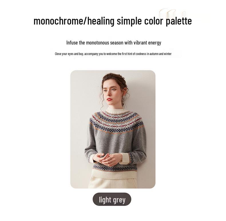 Women's Retro Fair Isle Jacquard Half-High Collar Cashmere Sweater – Loose Knit, Long Sleeve