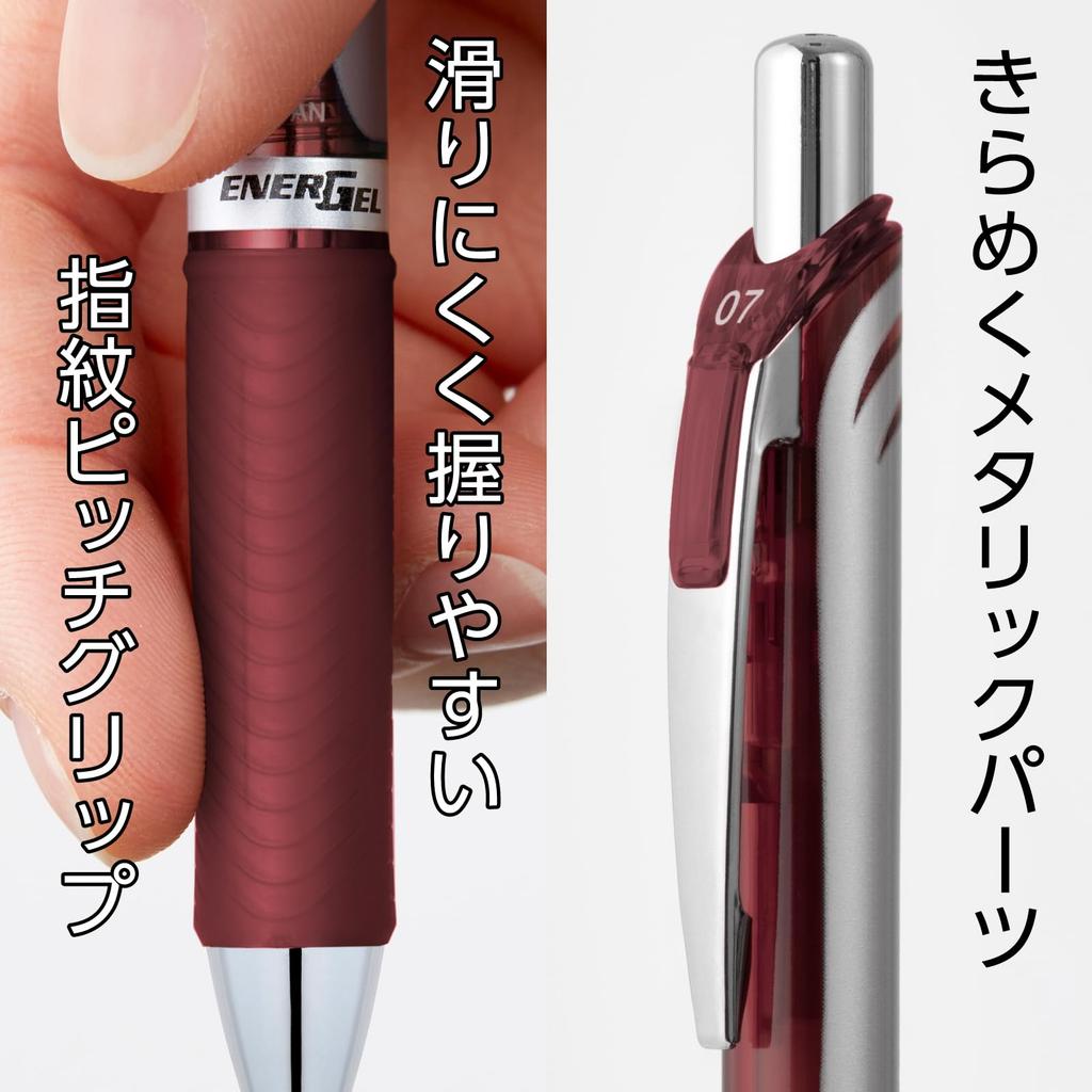 Pentel Energel Gel Ink Ballpoint Knock Silver 10 Pens Pen, Type, 0.7mm, Barrel, BL77-BG, Burgundy,