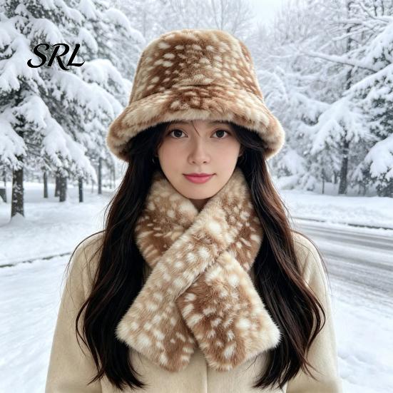 Cute Deer Print Hat Women Spotted Hat, Faux Fur Bucket Winter Scarf, Fisherman Soft Cozy Furry for Girls, Autumn Accessory Brown White Gradient
