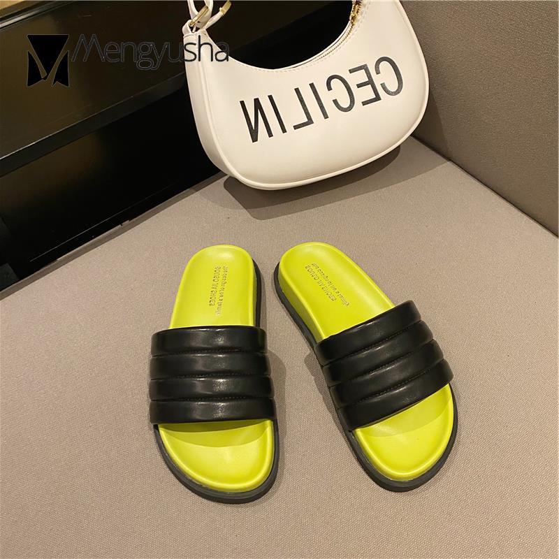 Mode 2024 Damen Hausschuhe mit gemischtem Farbblock Grün Sandalen Plateau Pantoletten Damen Gestreifte Lederschuhe Dicksohlige Flipflops Slipper