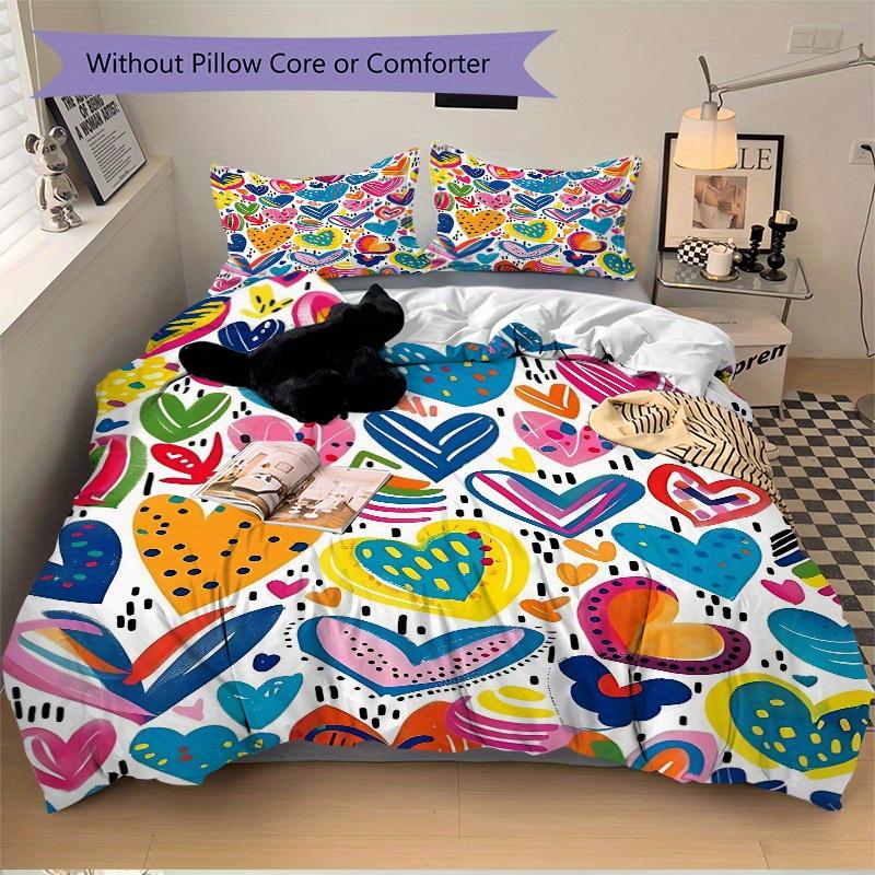 3pcs Colorful Hearts Bedding Set, Ideal for Home Use, Suitable for Bedroom Decor (1*Duvet Cover + 1/2*Pillowcases, No Core) yy250821190