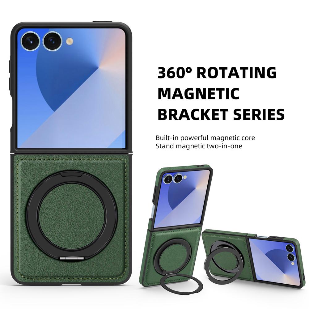KEYSION 360° Rotating Magnetic Ring Stand PU Leather Case for MagSafe for Samsung Z Flip 7 5G 7 SE Wireless Charging Phone Cover