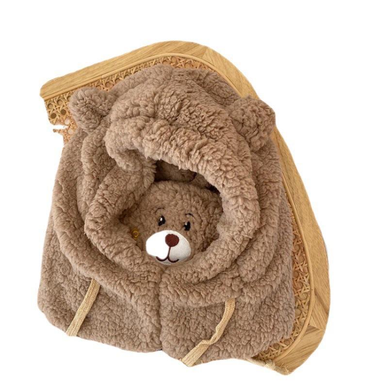 Winter Cute Bear Scarf Hat Warm All-in-One Hat for Students, Lamb Wool Korean Style Women's Hat with Mask, Plush Hat