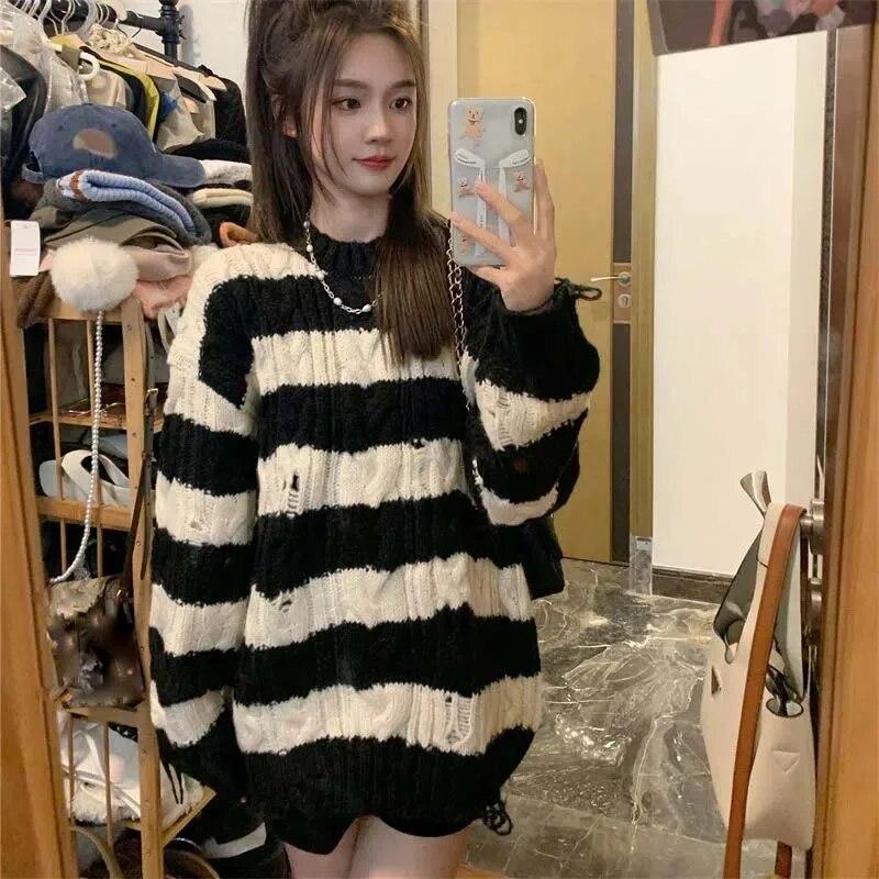 Punk Style Irregular Ripped Sweater Women's Striped Knit Pullover Loose Long-sleeve Crew Neck Top Twist Pullover Coat Korean Fashion