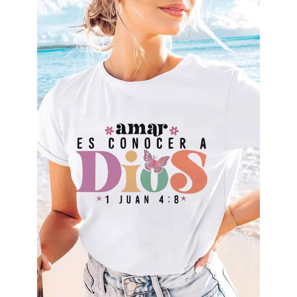 Women's Spanish "Dios Amar" God Christian T-Shirt - Spanish Scripture Prayer Top, Short Sleeve Crew Neck Casual Summer Spring Wear
