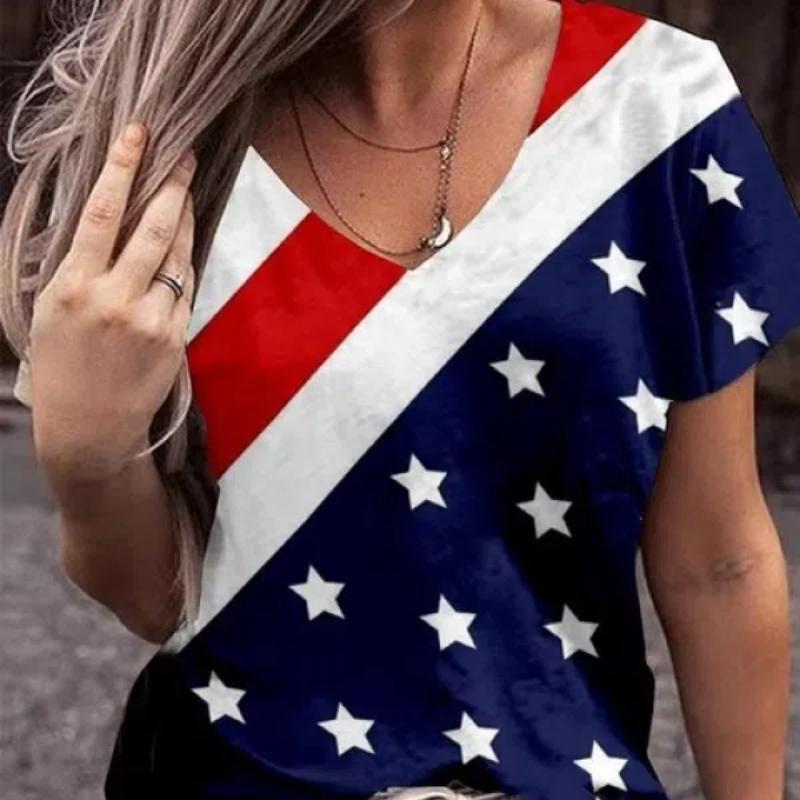 2022 Women's T-Shirts American Flag Print V-Neck Clothing Women's