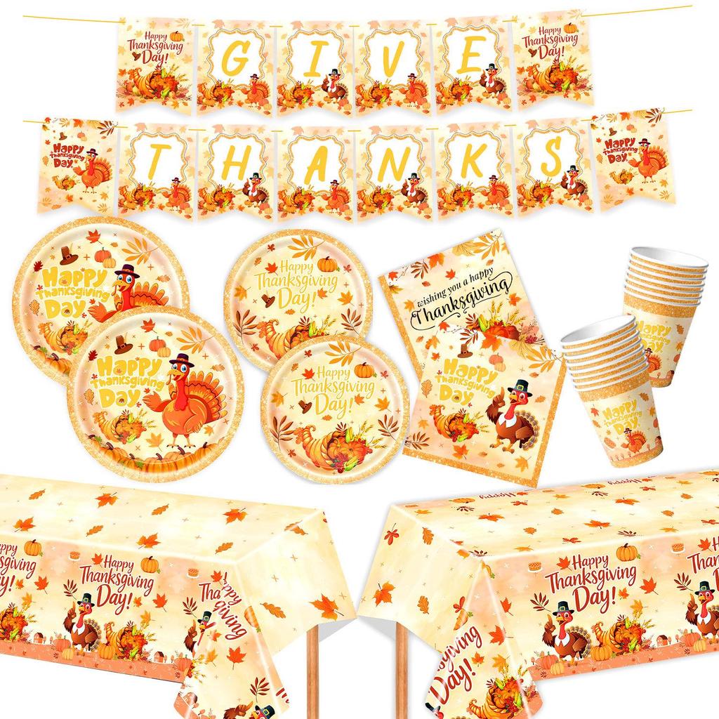 Thanksgiving Turkey Birthday Party Tableware Set: Plates, Cups, Napkins, Flags & Swirls.