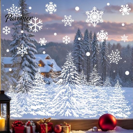 Decorative Window Scenes Christmas Tree Snowflake Static Sticker, Double-sided Cling Decal, Holiday Decals Reusable PVC Glass for Parties Easy