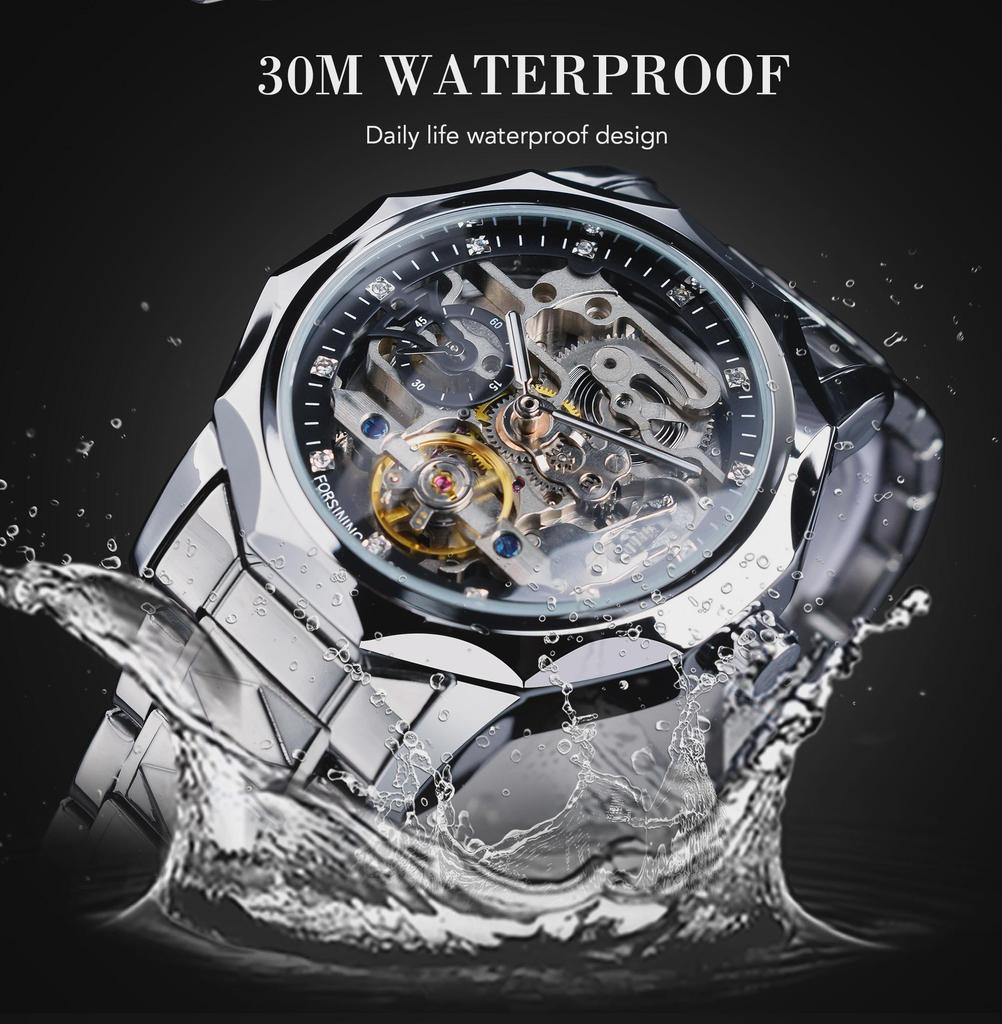 Automatikuhr für Herren, wasserdicht, luxuriöse, goldene Skelett-Armbanduhr aus Edelstahl, Herrenuhren