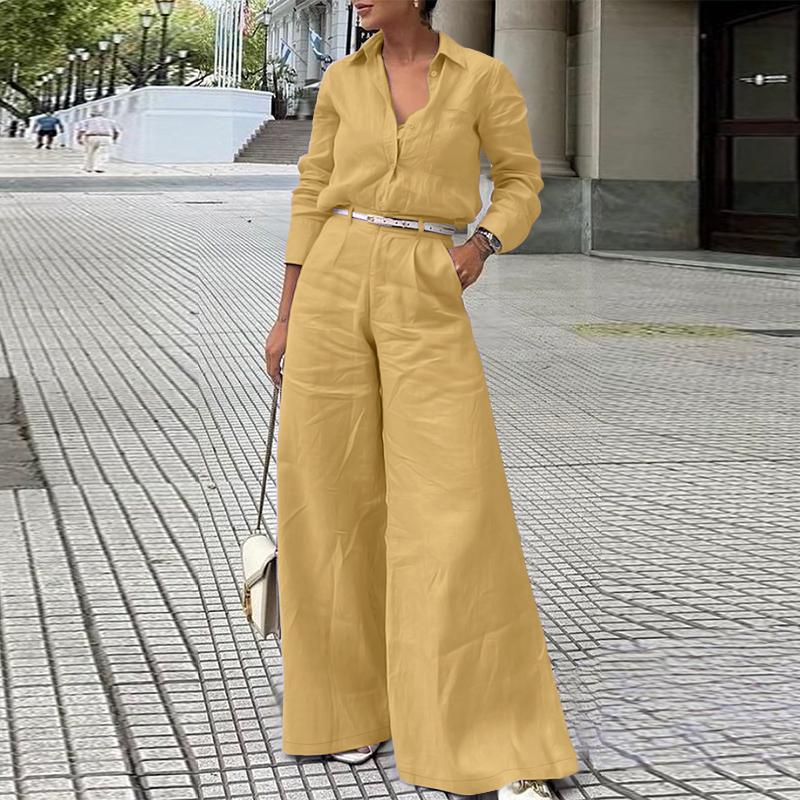 ZANZEA Women Long Sleeve Blouse and Wide Leg Pants Casual Two Piece Suit Sets
