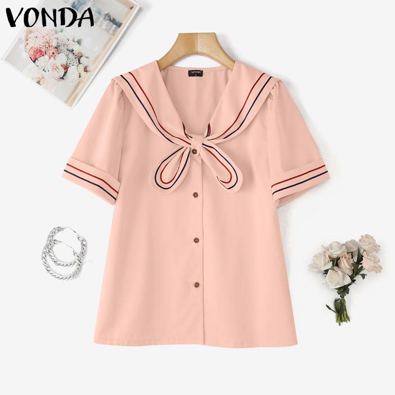 VONDA Summer Women Navy Neck Short Sleeve Stitching Striped Buttons Casual Blouse Tops