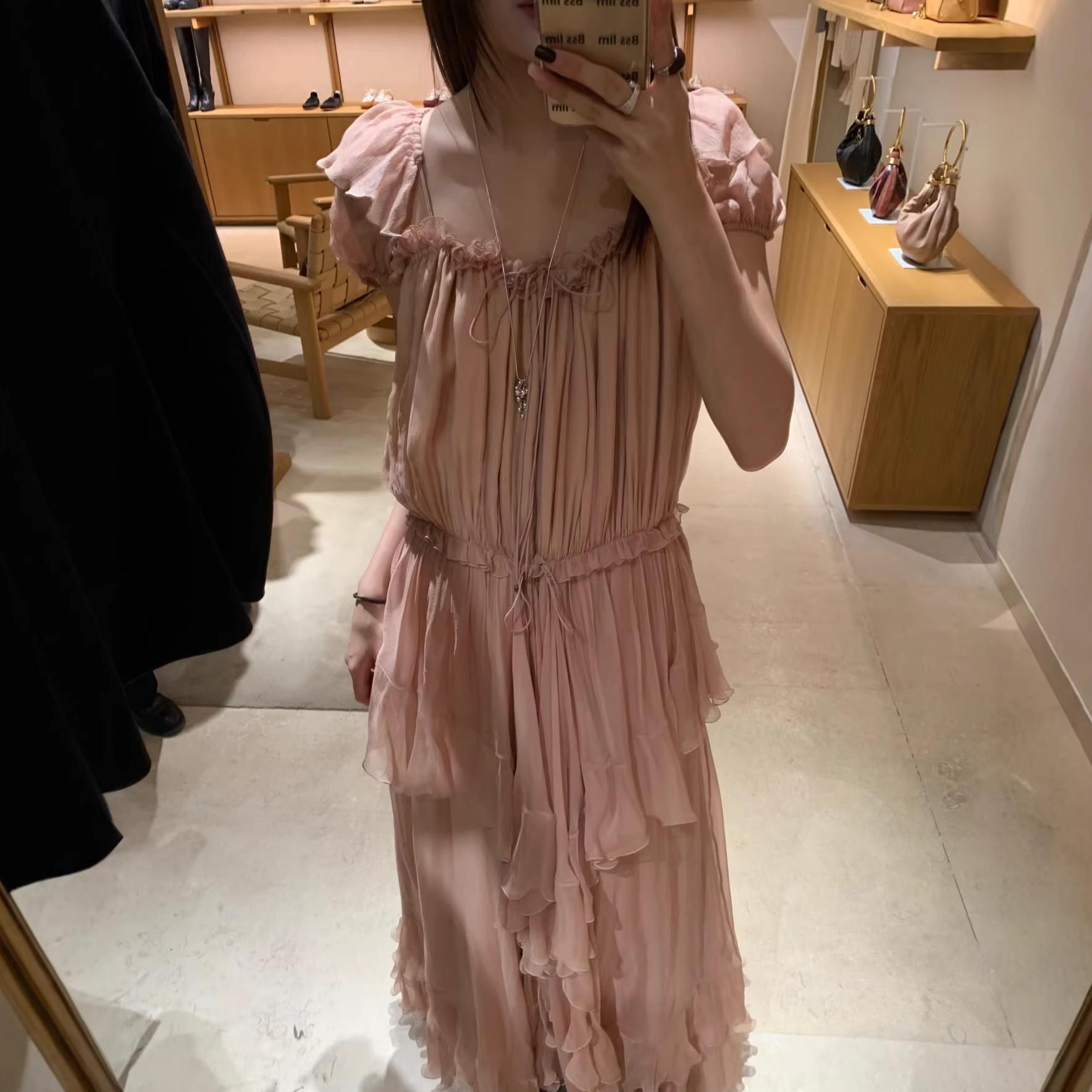 

Early Spring Retro Pink Ruffled Tie-Waist Dress Small шоколадный
