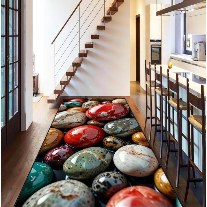Colorful Pebble Pattern Runner Rug 3D Visual Illusion Carpet Stone Print Non-Slip Mat for Bedroom Living Room Hallway Home Decor