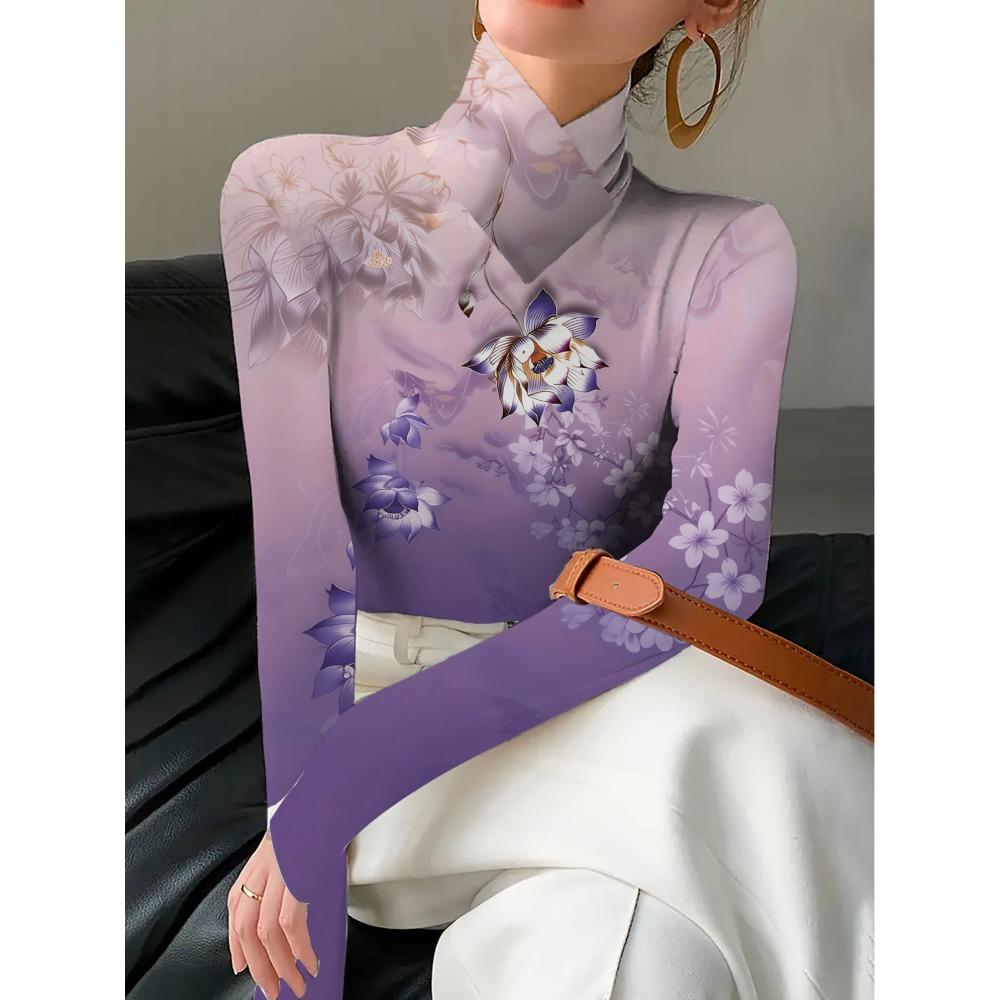 Women's Cheongsam Collar Long-sleeved T-shirt with Pink Floral Print, Suitable for Women.