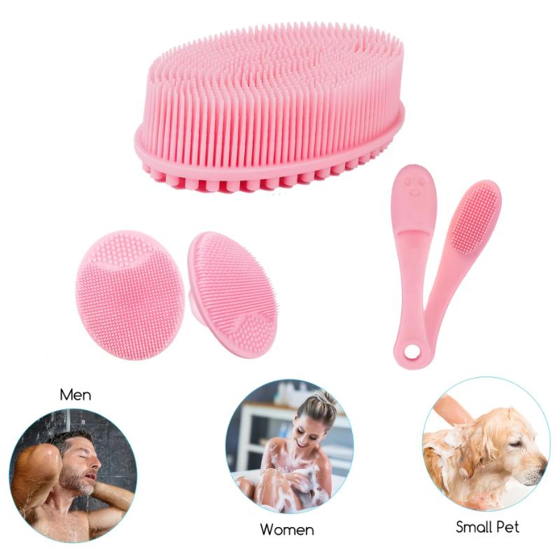 3pcs Pink Silicone Body Scrubbers Set Facial Bath Brush & Nose Blackhead Remover for Women Men Suitable for Various Skin Types