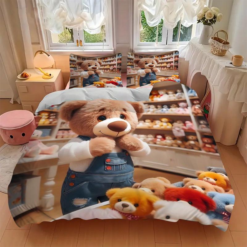 3pcs Teddy Bear Bedding Set - Includes One Quilt Cover and Two Pillowcases (No Core) - Anime Cartoon Design, Polyester Fabric, Suitable for