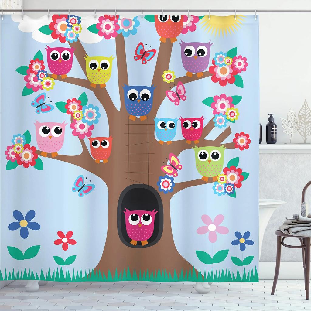 Rideau de douche Hibou Lunaire Forêt Enchantée Oiseau Fleur Papillon Fantaisie Fée Arbre Lanternes Ciel Nocturne Décoration Salle de Bain Ensembles