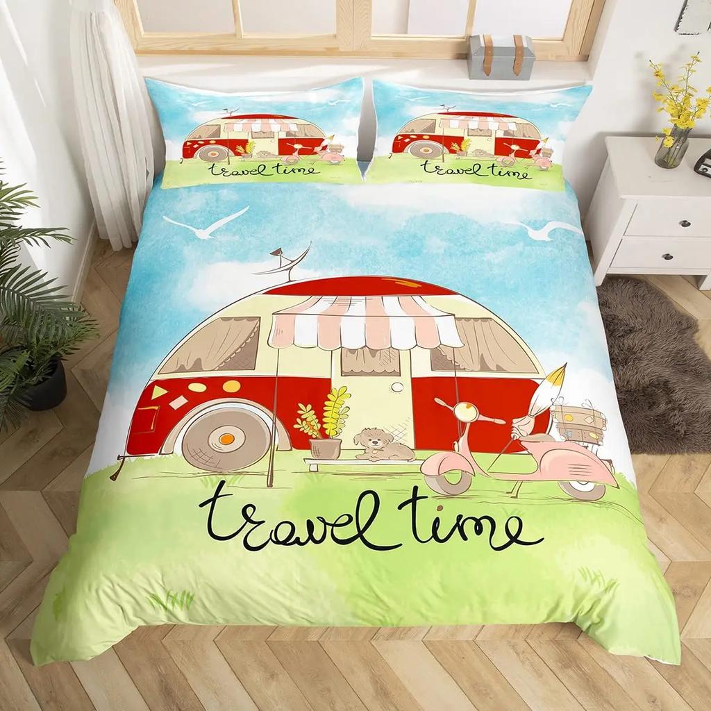 Copripiumino per Camper Auto Cartone Animato Campeggio Per Bambini Ragazzi Ragazze Regali Giocattolo Campo Viaggio RV Copripiumino Decorazioni Camera da Letto Queen
