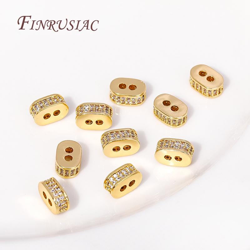 18K Gold Plated Brass With Zircon 2 Hole Oval Spacer Beads For Jewelry Making Supplies DIY Bracelets Necklaces Accessories