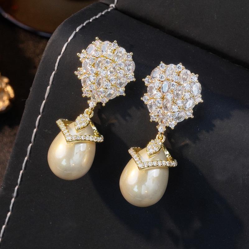 Electroplated Copper Zirconia Earrings with Imitation Pearl Drops for Women - Elegant and Luxurious Design