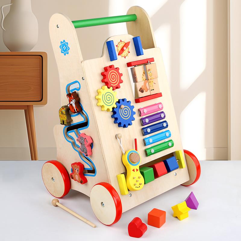 Ins Nordic Style Shopping Slidable Toddler Trolley Wooden Beads Percussion Gears Cognitive Playhouse Toys