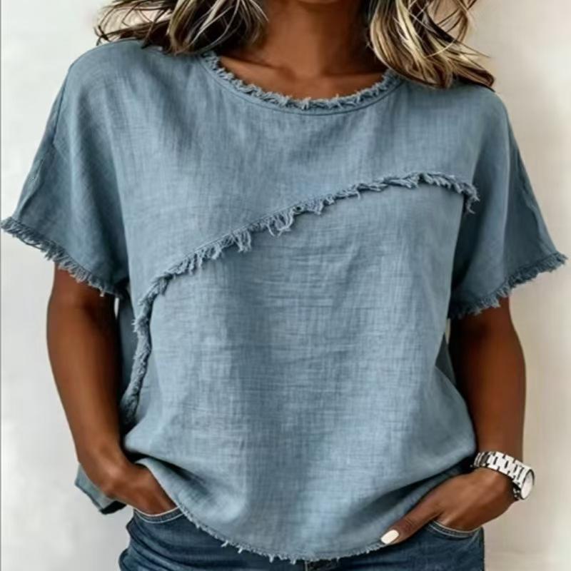 Women Round Neck Short Sleeve Linen Blend Blouse Raw Frayed Edge Splicing Fringe Boho Casual Summer Tops