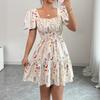 Summer New Elegant Ditsy Floral Mini Dress Square Neck Puff Short Sleeve Smocked High Waist Ruffle Tiered A-Line Casual Party Date Vacation Sundress