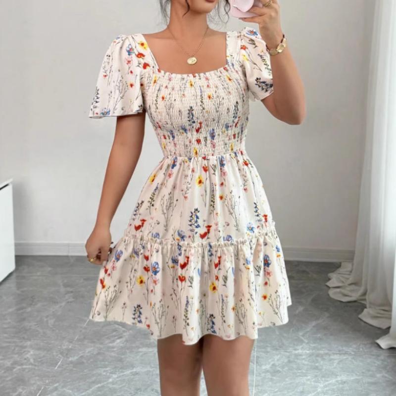 Summer New Elegant Ditsy Floral Mini Dress Square Neck Puff Short Sleeve Smocked High Waist Ruffle Tiered A-Line Casual Party Date Vacation Sundress