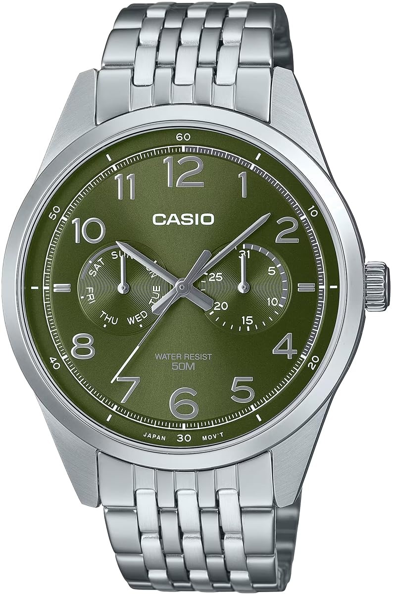 

[Casio] CASIO Standard Quartz Men s Watch MTP-E340D-3AV Multi Calendar 7 Row Belt Silver x Olive Green