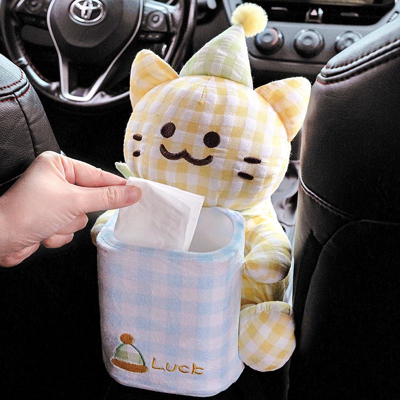 Katzenmuster Auto-Taschentuchbox Weiche Plüschtiere Niedliche Kätzchen Gitterlinien Plüschtiere Puppen Aufbewahrungsboxen Wesentliche Auto-Geschenke