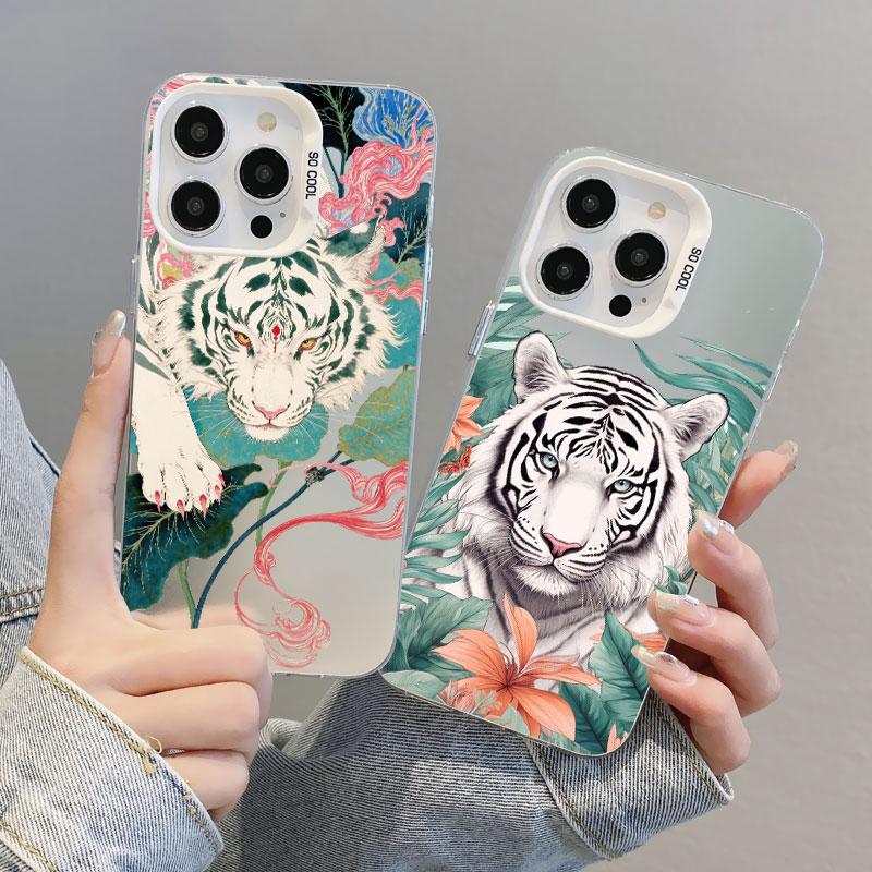 Ferocious Animal White Tiger Pattern Laser Phone Case For iPhone 11 12 13 Mini Pro Max 16 15 14 Plus Pro Max Back Coque Fundas