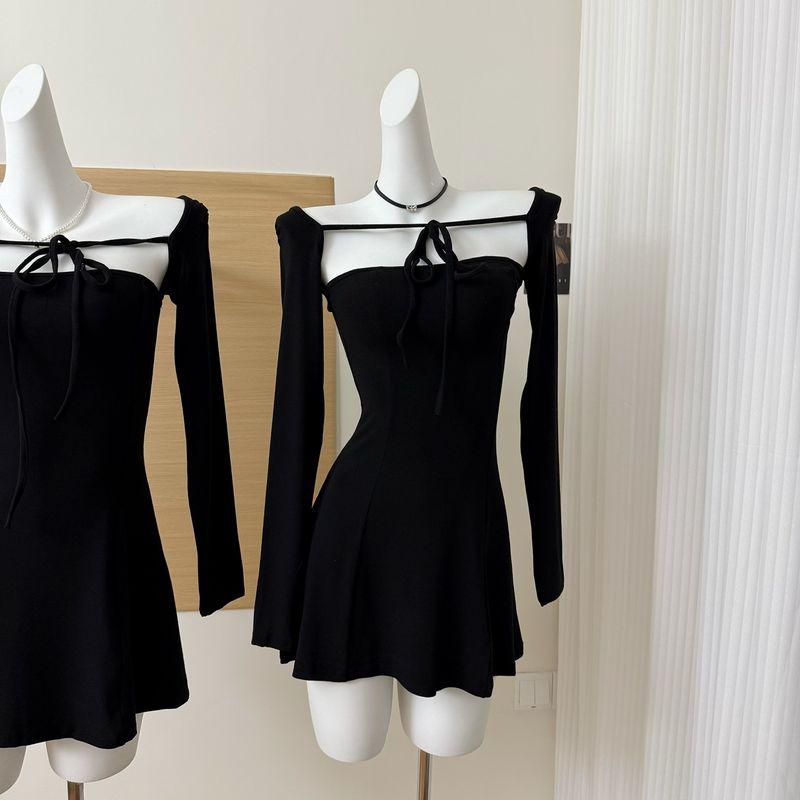 

Duo Laimei 2025 Atmosphere Goddess Lace-up Knitted Fake Two Pieces Black Dress Pure Desire off-Shoulder Dress Women Black S