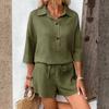 Fashionable Women's  Color Cotton And Linen Lapel Short Sleeved Slim Belt Shorts Casual Set