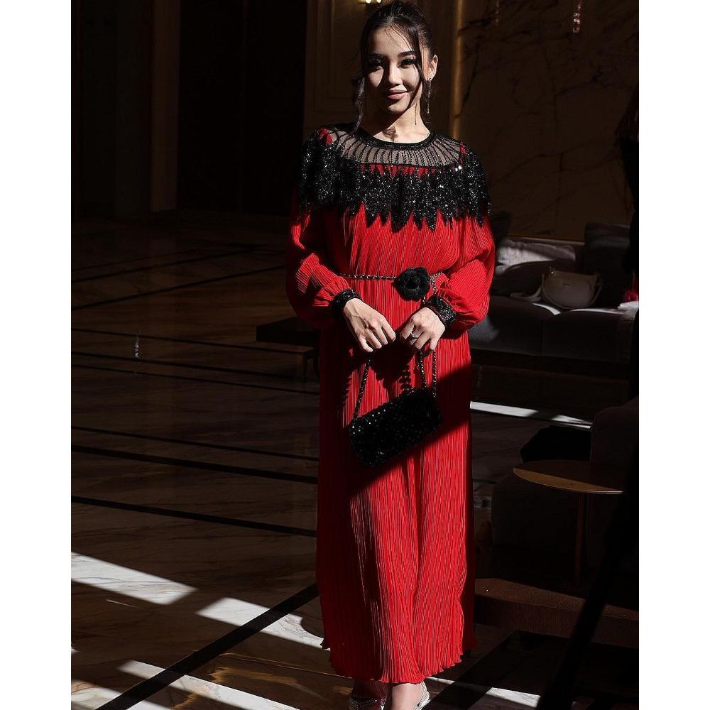 Vintage Court Style Autumn Heavy Industry Sequined Embroidered Long Pleated Bubble Sleeve Dress Women's Pleated Skirt
