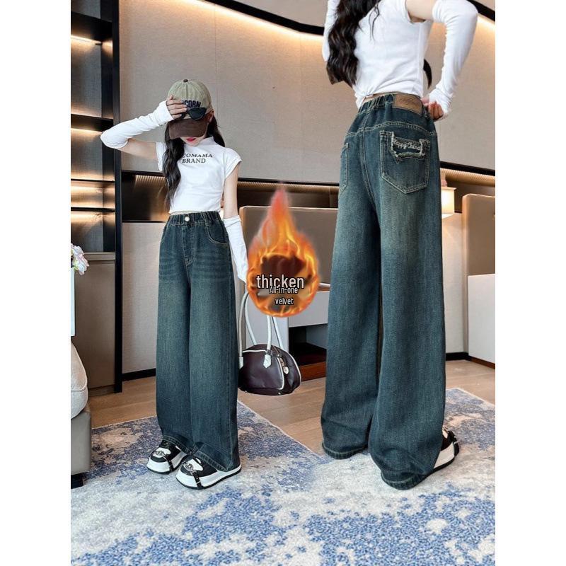 Girls' Medium-Large Plush Denim One-Piece Winter Pants - New Korean Style, Versatile Narrow/Wide Leg Design