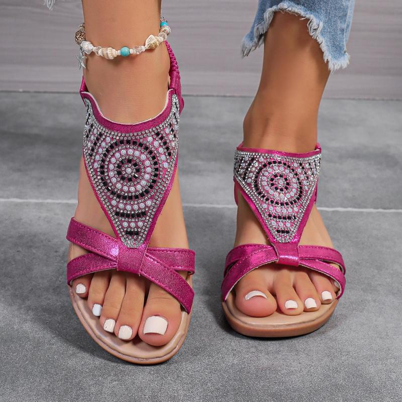 Fashion Bohemia Glitter Totem Decoration Cross Strap Sandals Women 2025 Summer Low Wedge Heel Sandals Luxury Beach Slip On Shoes Size 43