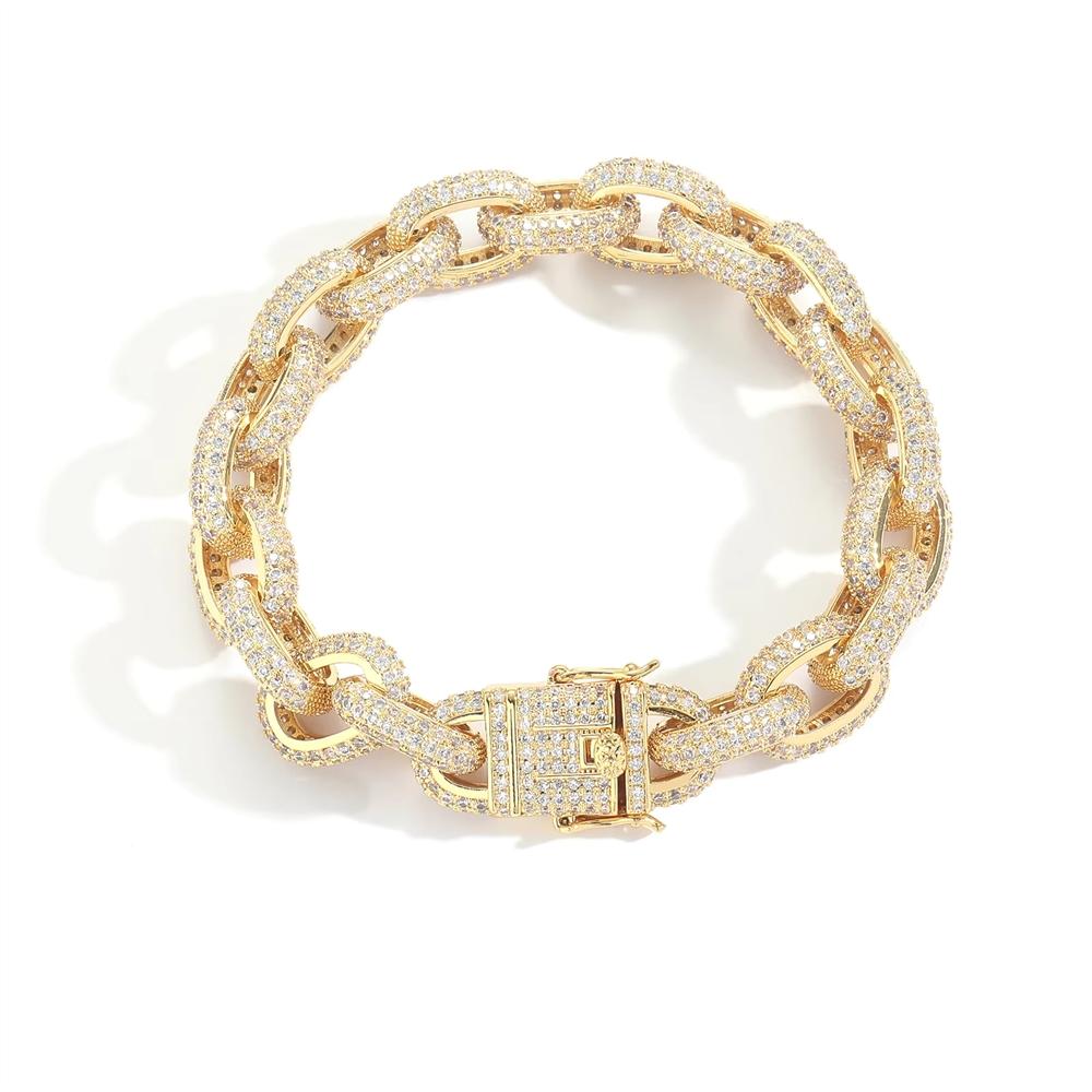 Personalized Hip Hop 14K Gold Plated Jewelry 12mm Bling CZ Iced Out Geometric Oval Shape Link Chain Bracelet for Men