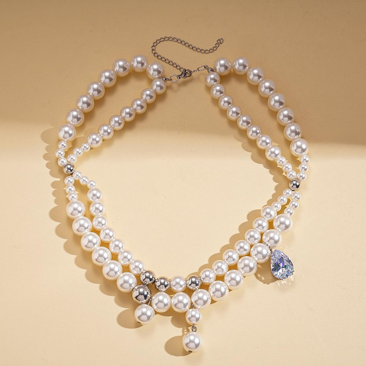 Zircon imitation pearl beaded multi-layer pendant sweater chain elegant necklace
