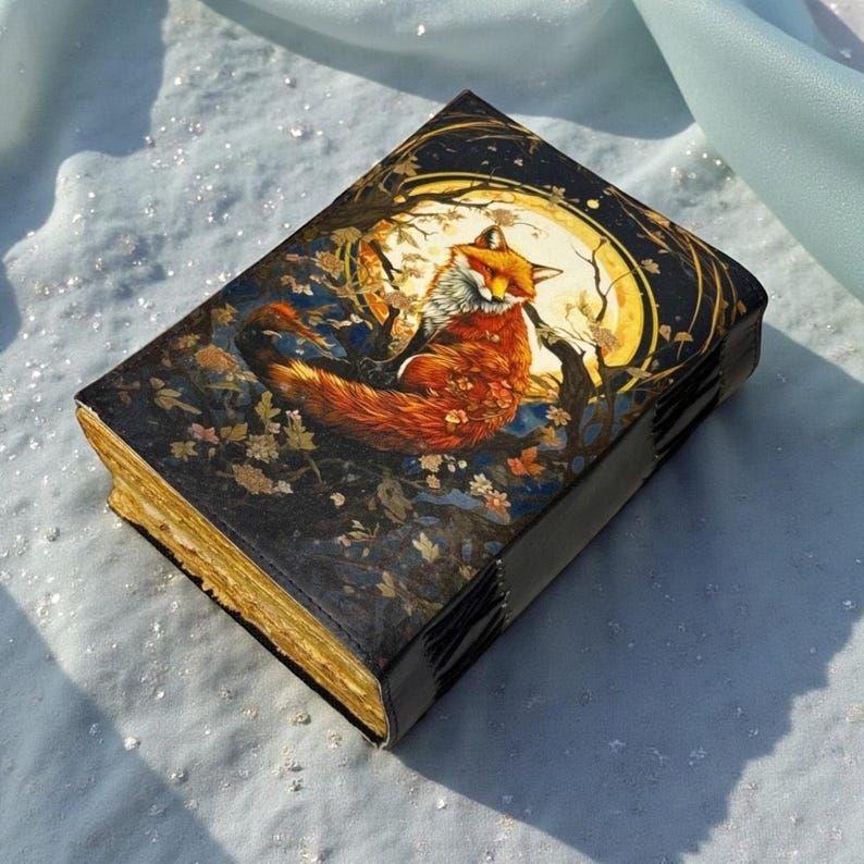 Fox Leather Grimoire | Handmade Spell Book of Shadows, Thick Vintage Deckle Paper Journal, Unique Fox Gift for Him and Her