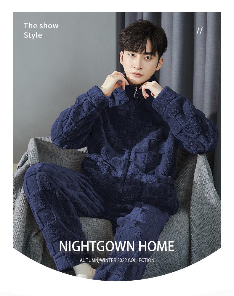 Men's Thick Coral Fleece Stand-Up Collar Zipper Pajamas - Warm Long Sleeve Homewear for Autumn & Winter