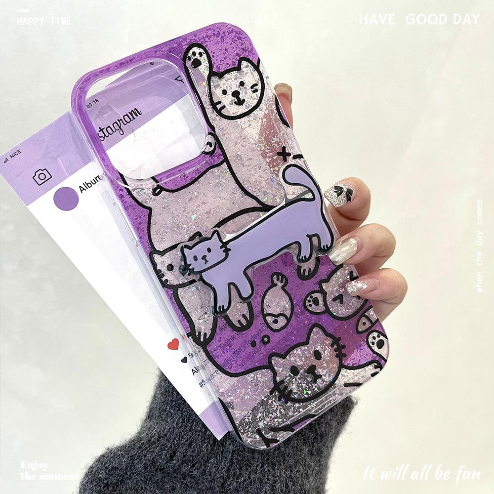Cute Cat Stand Suitable for Apple 16pro Mobile Phone Case Iphone15 Protective Case 14 Glitter Powder 13 Soft Shell